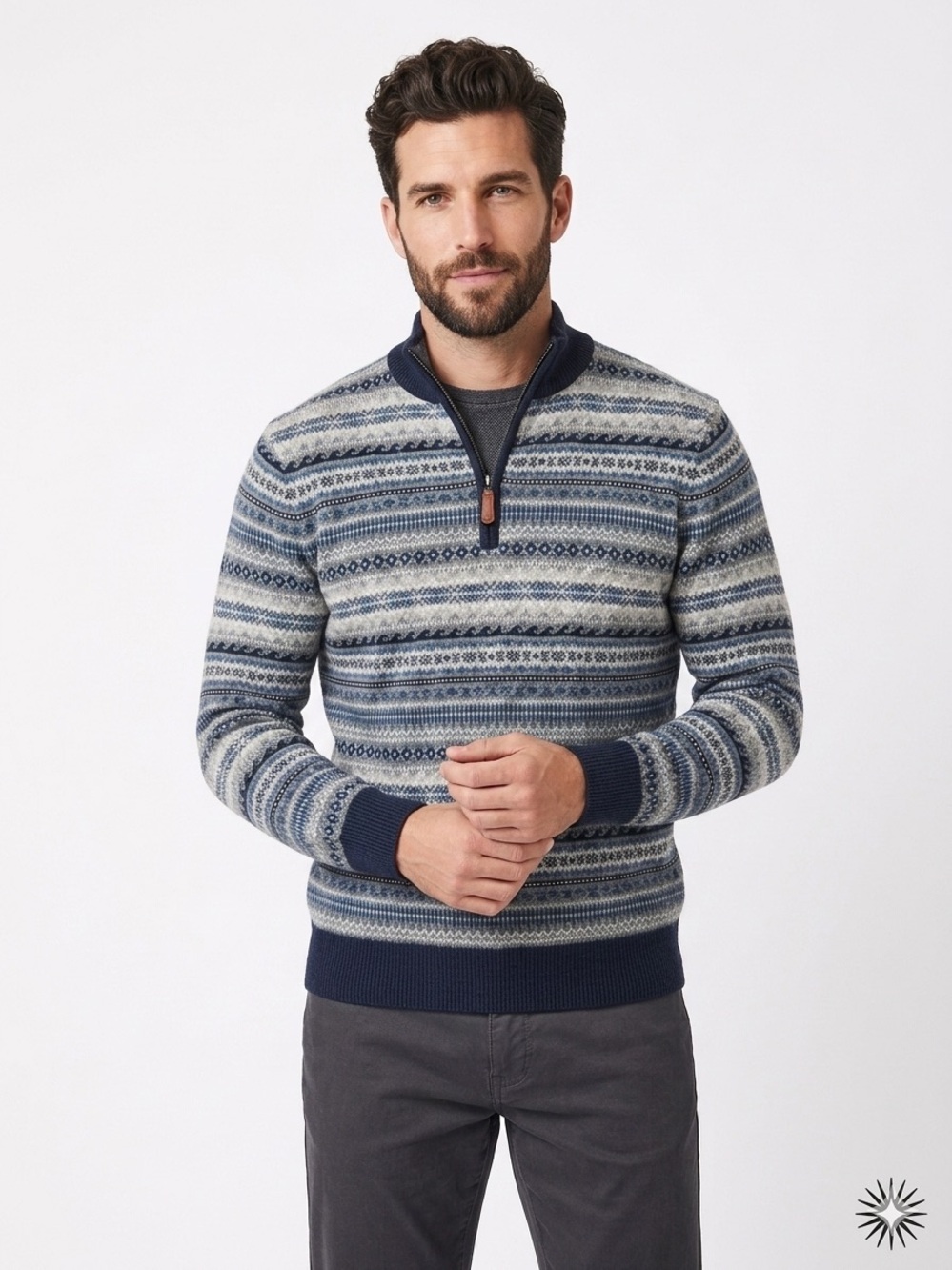 Vineyard Vines Men's Fair Isle Quarter-Zip Sweater in Navy & Gray